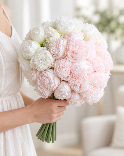 Blush Pink and White Artificial Peony Bouquet held in a hand