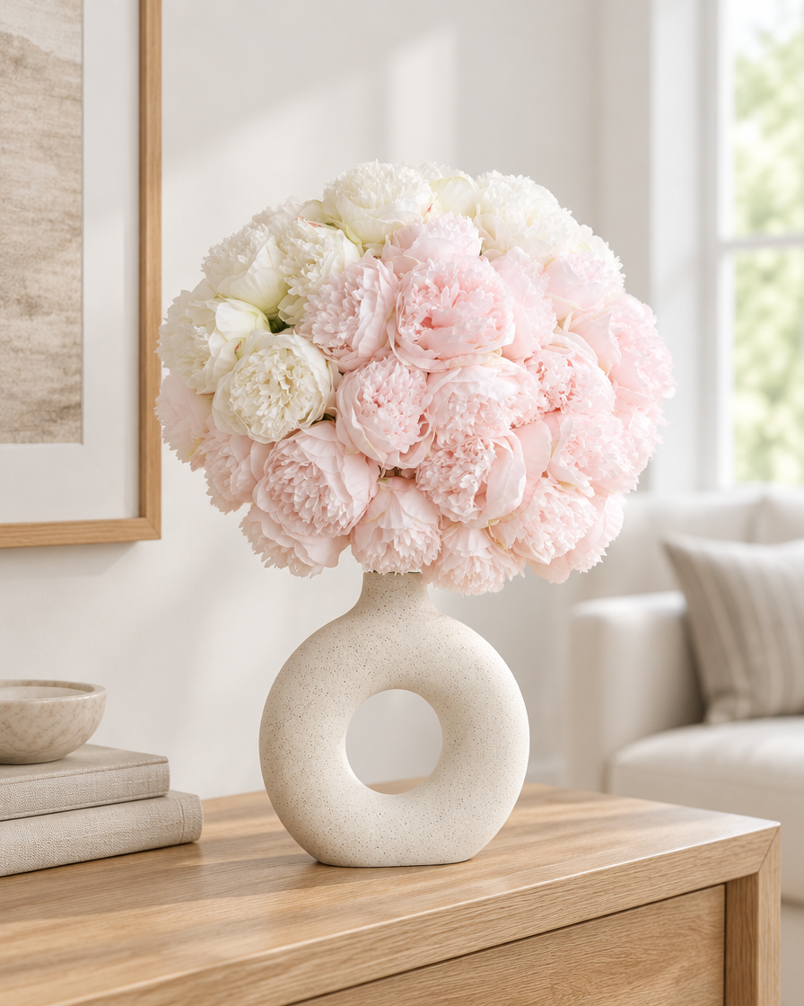 Blush Pink and White Artificial Peony Bouquet styled in a ceramic vase on a console table (vase sold separately)