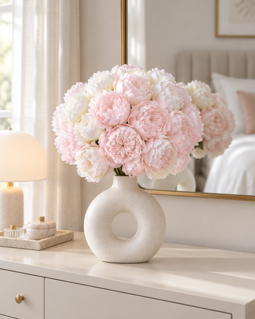 Blush Pink and White Artificial Peony Bouquet styled in a ceramic vase on a dresser (vase sold separately)