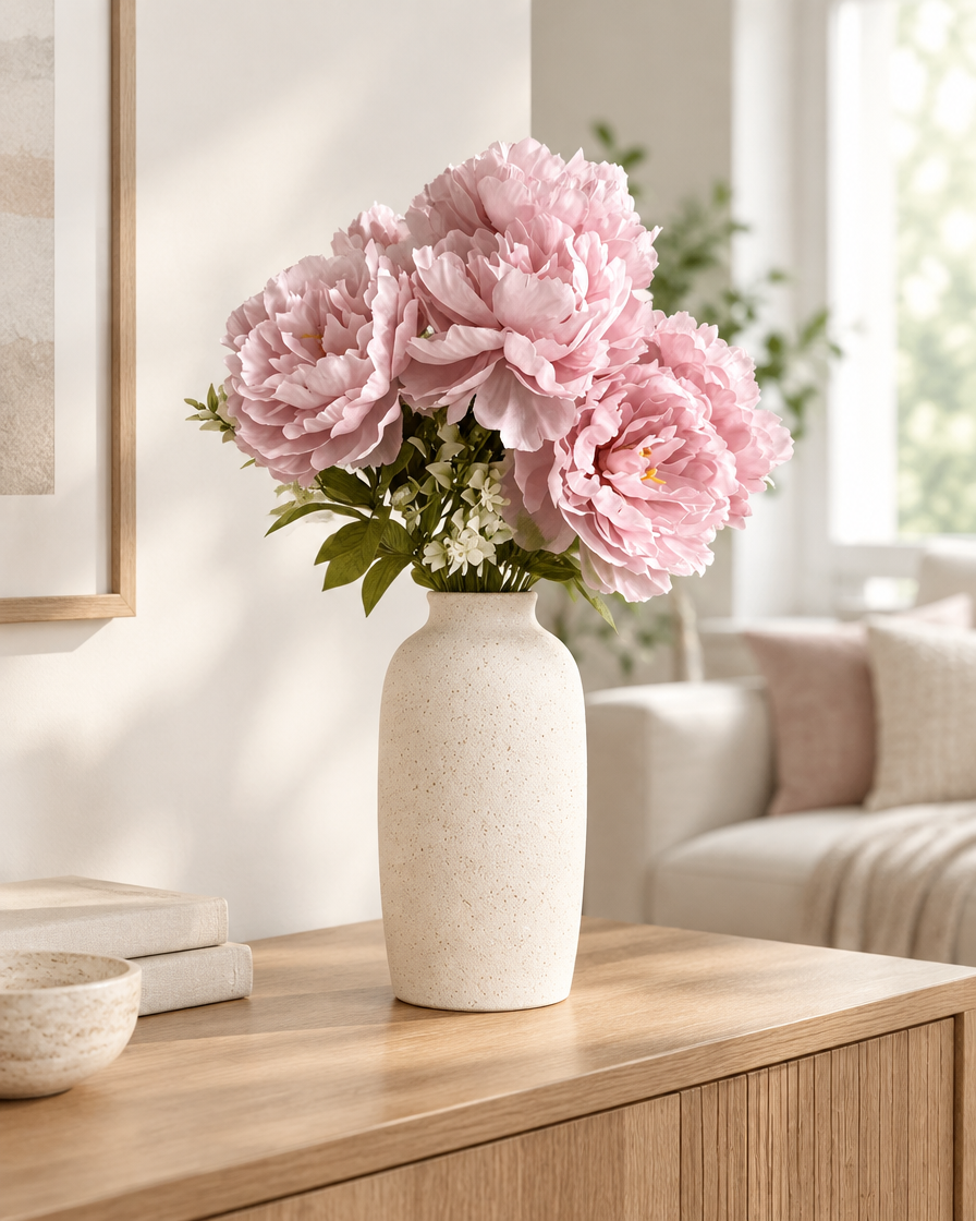 Soft Pink Artificial Peony Bouquet styled in a ceramic vase on a console table (vase sold separately)