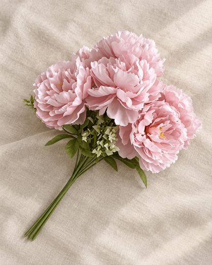 Soft Pink Artificial Peony Bouquet, shown alone on a linen background