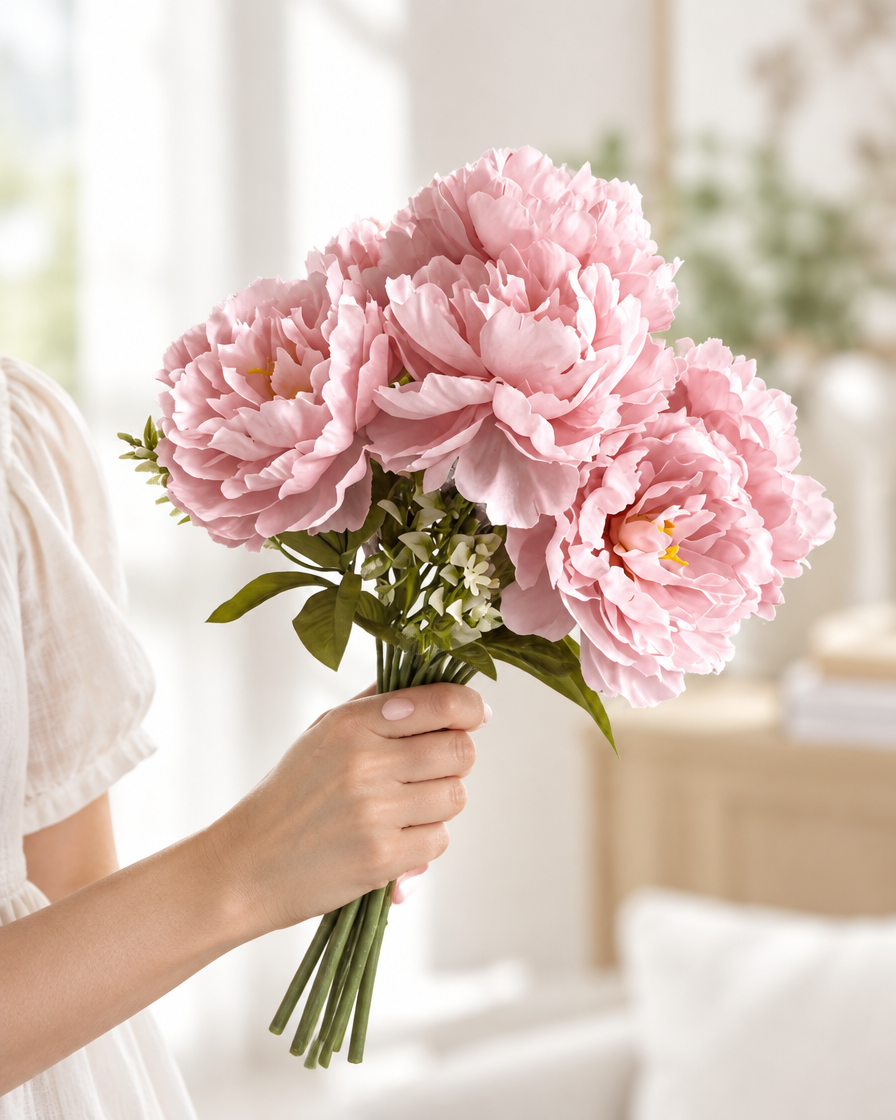 Soft Pink Artificial Peony Bouquet held in a hand