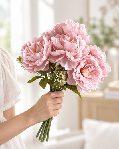 Soft Pink Artificial Peony Bouquet held in a hand
