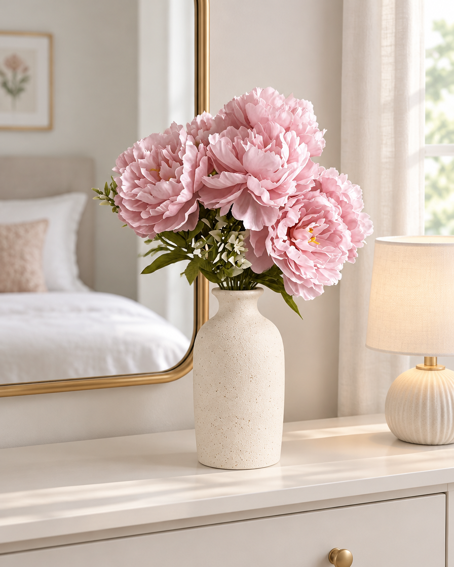 Soft Pink Artificial Peony Bouquet styled in a ceramic vase on a dresser (vase sold separately)