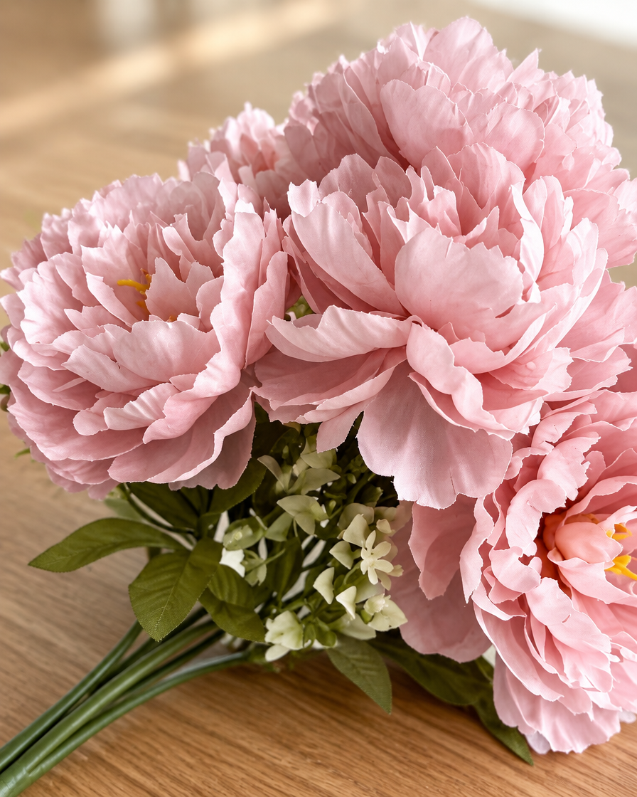 Close-up detail of the soft pink artificial peony bouquet on an oak table
