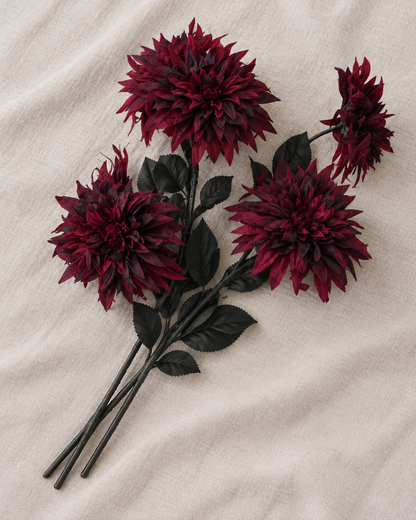 Burgundy Artificial Dahlia Stems, shown alone on a linen background
