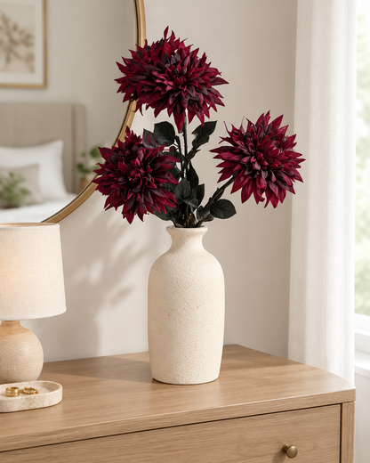 Burgundy Artificial Dahlia Stems styled in a ceramic vase on a dresser (vase sold separately)