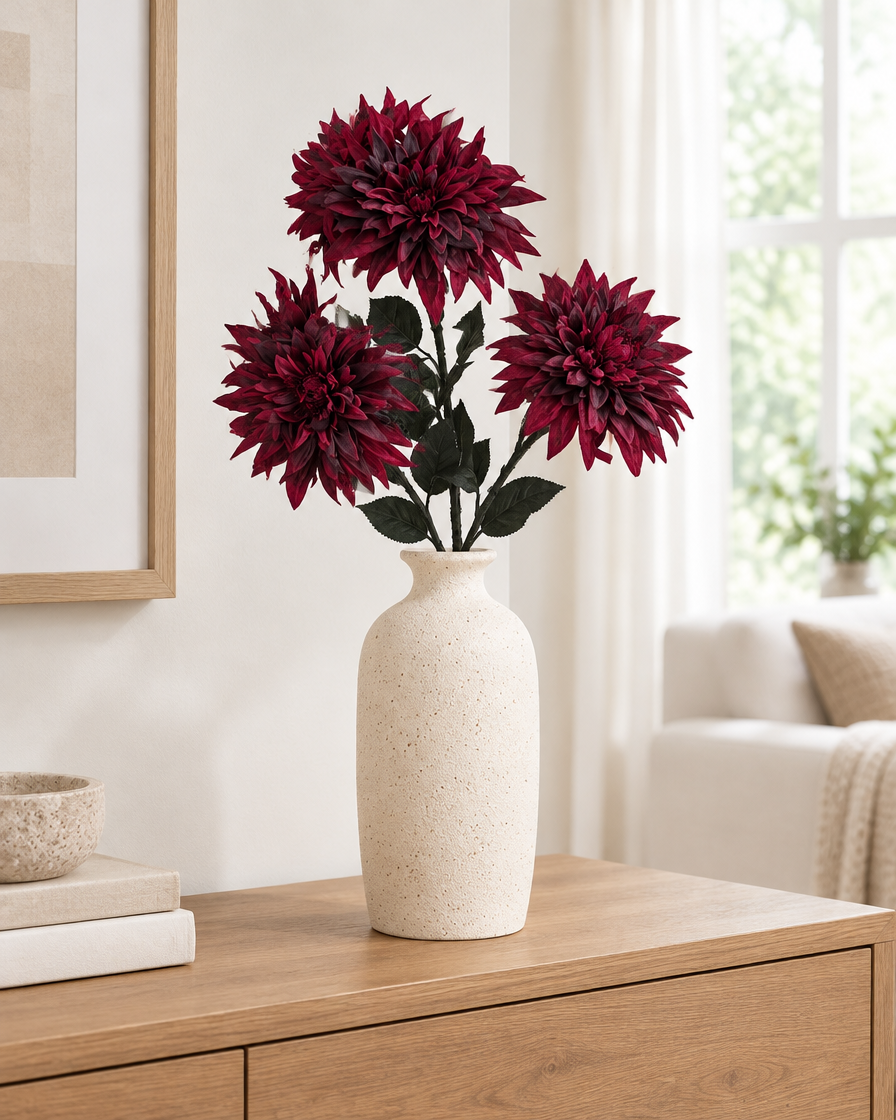 Burgundy Artificial Dahlia Stems styled in a ceramic vase on a console table (vase sold separately)