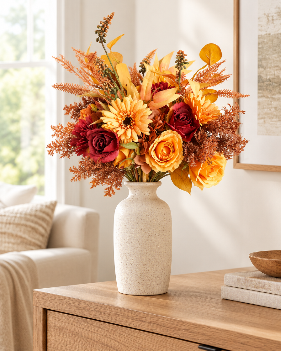 Orange & Burgundy Artificial Autumn Bouquet styled in a ceramic vase on a console table (vase sold separately)