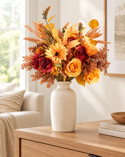 Orange & Burgundy Artificial Autumn Bouquet styled in a ceramic vase on a console table (vase sold separately)