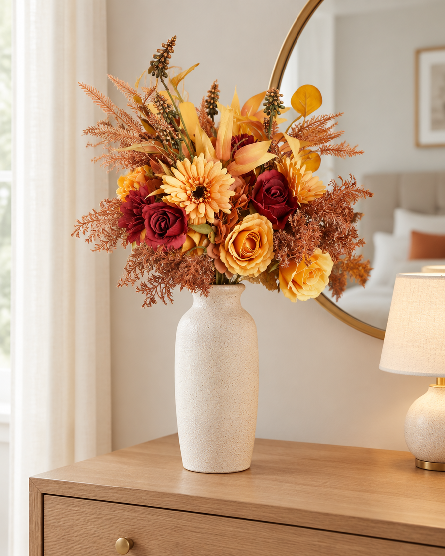 Orange & Burgundy Artificial Autumn Bouquet styled in a ceramic vase on a dresser (vase sold separately)