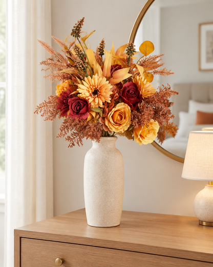 Orange & Burgundy Artificial Autumn Bouquet styled in a ceramic vase on a dresser (vase sold separately)