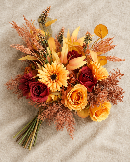 Orange & Burgundy Artificial Autumn Bouquet, shown alone on a linen background