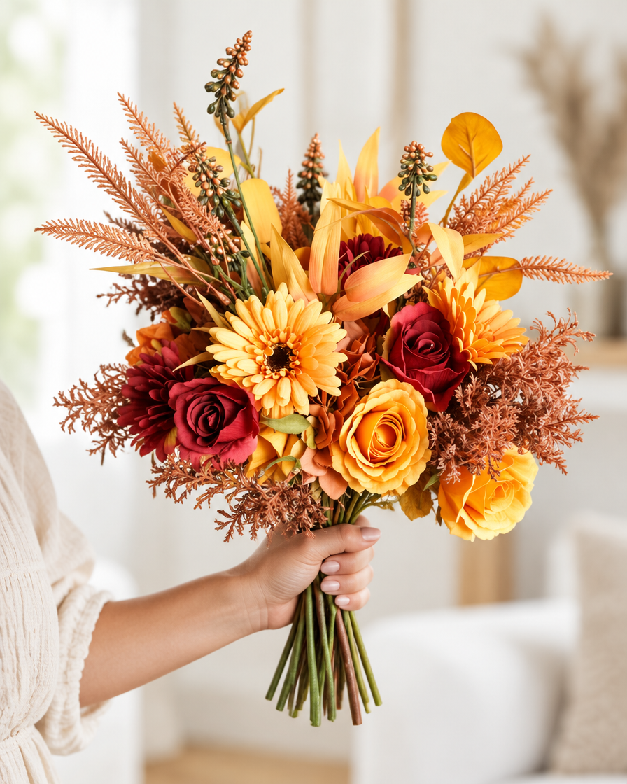 Orange & Burgundy Artificial Autumn Bouquet held in a hand