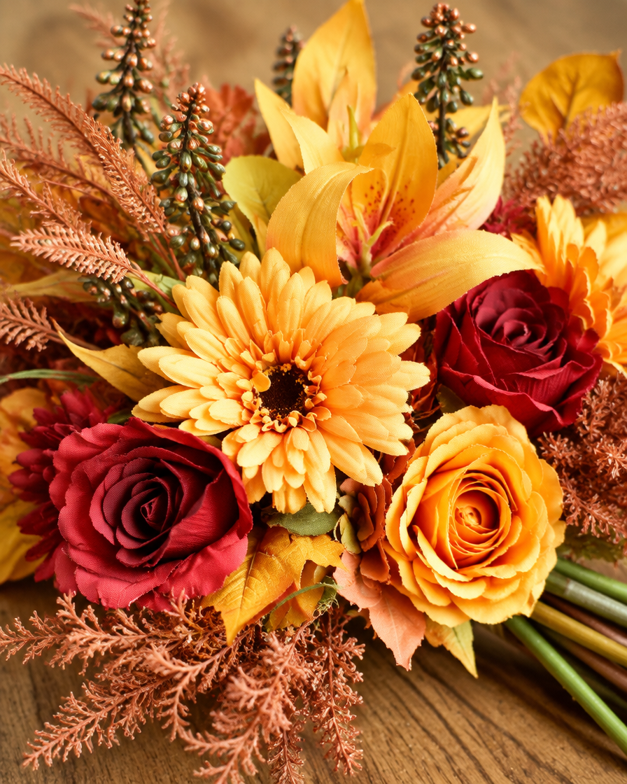Close-up detail of the orange & burgundy artificial autumn bouquet on an oak table