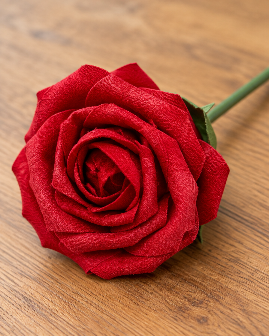 Close-up detail of the red artificial rose stem on an oak table
