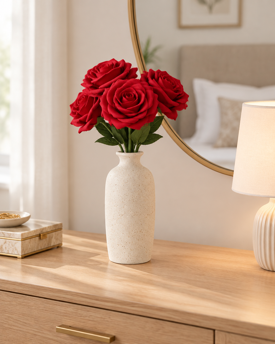 Red Artificial Rose Stem styled in a ceramic vase on a dresser (vase sold separately)