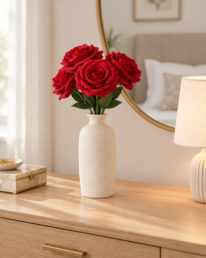 Red Artificial Rose Stem styled in a ceramic vase on a dresser (vase sold separately)
