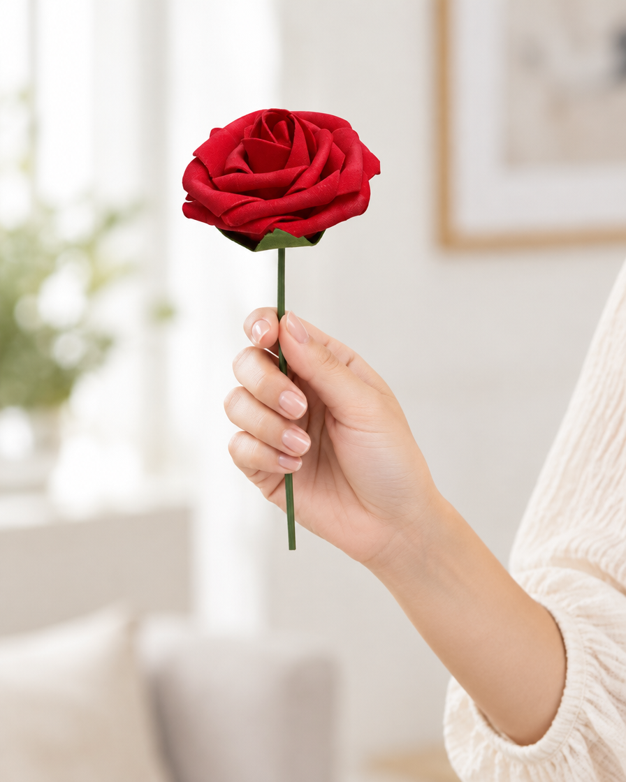Red Artificial Rose Stem held in a hand