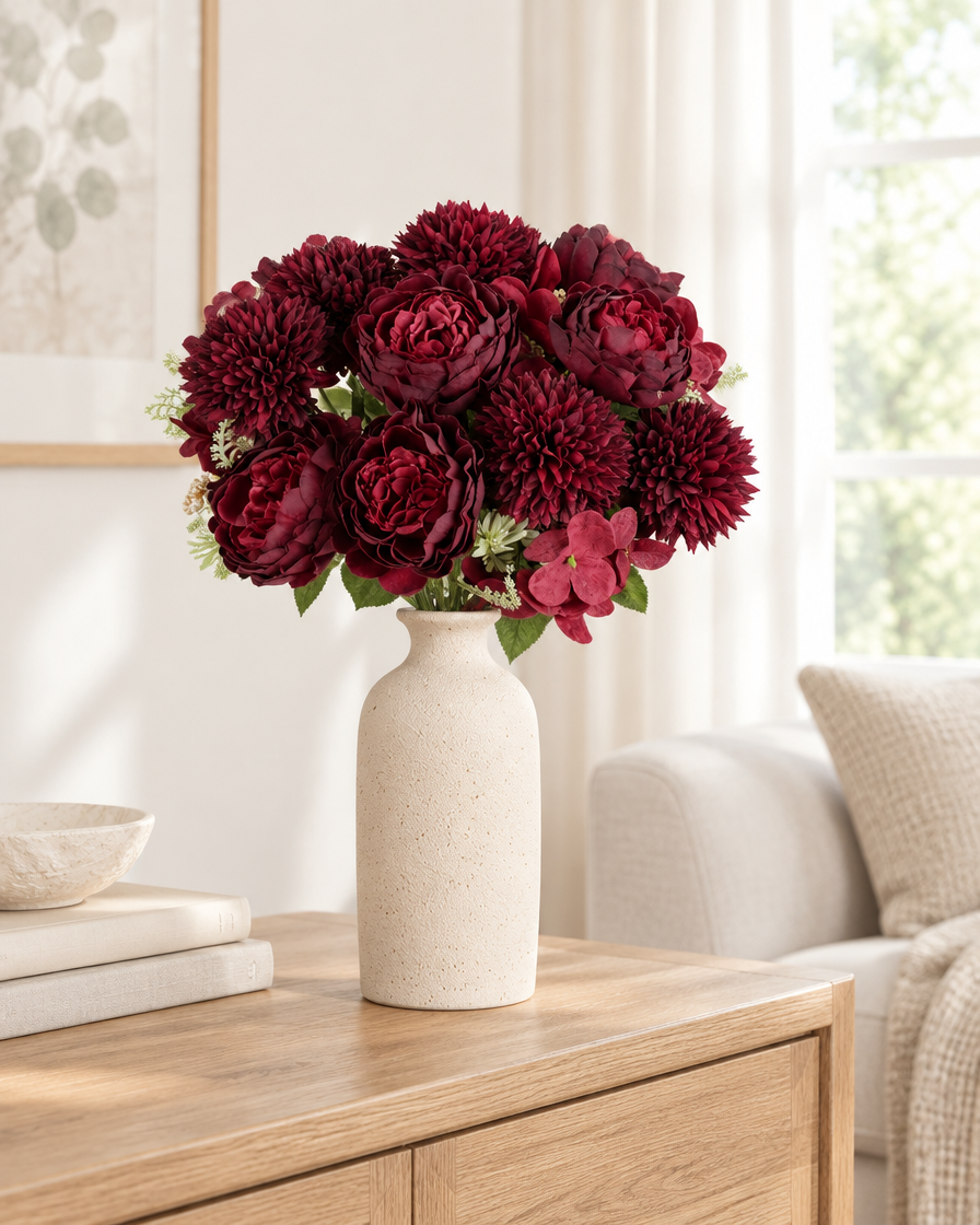 Burgundy Artificial Peony & Dahlia Bouquet styled in a ceramic vase on a console table (vase sold separately)