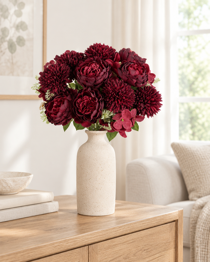 Burgundy Artificial Peony & Dahlia Bouquet styled in a ceramic vase on a console table (vase sold separately)