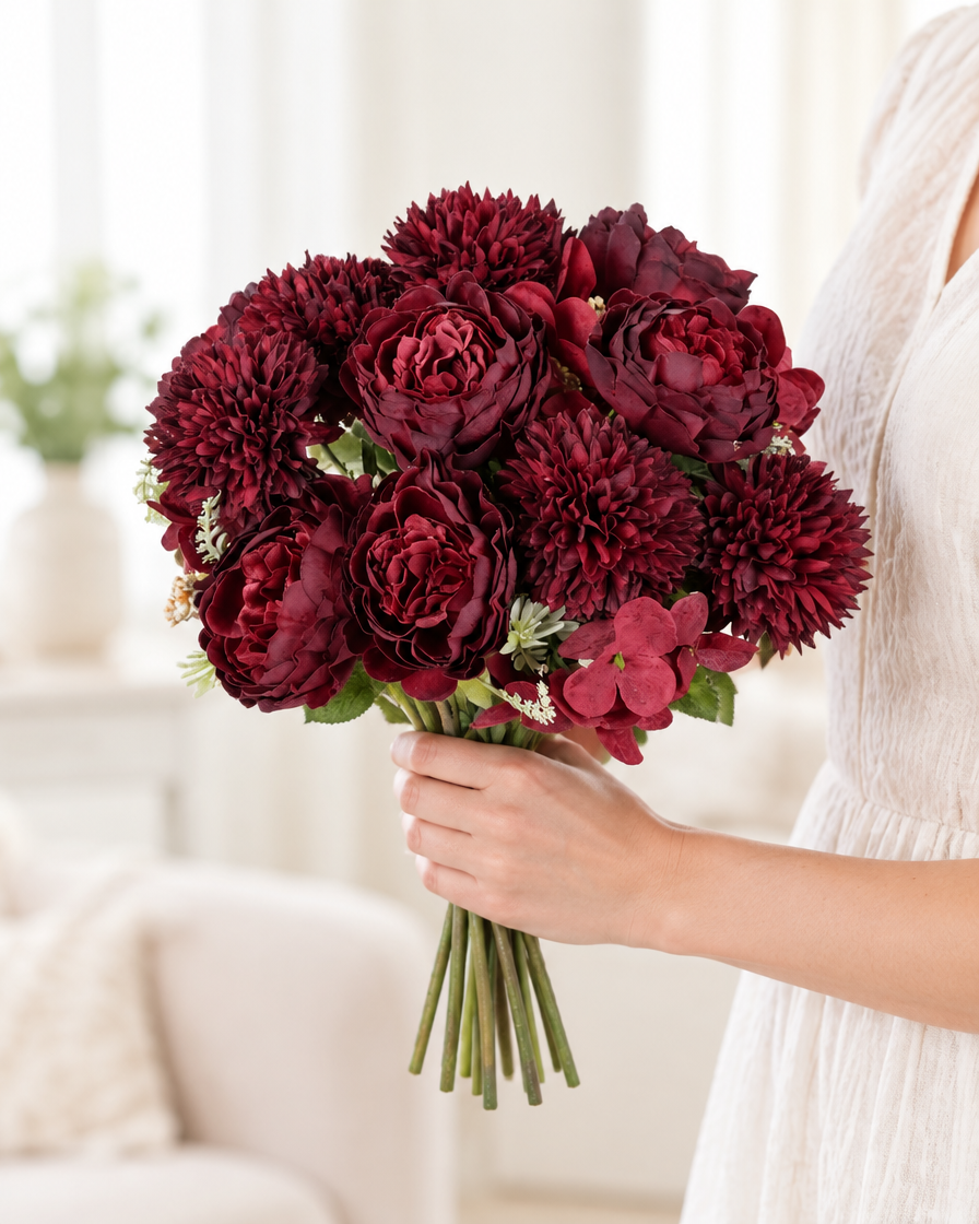 Burgundy Artificial Peony & Dahlia Bouquet held in a hand
