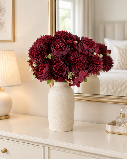 Burgundy Artificial Peony & Dahlia Bouquet styled in a ceramic vase on a dresser (vase sold separately)