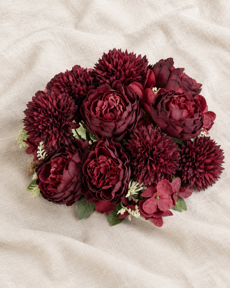 Burgundy Artificial Peony & Dahlia Bouquet, shown alone on a linen background