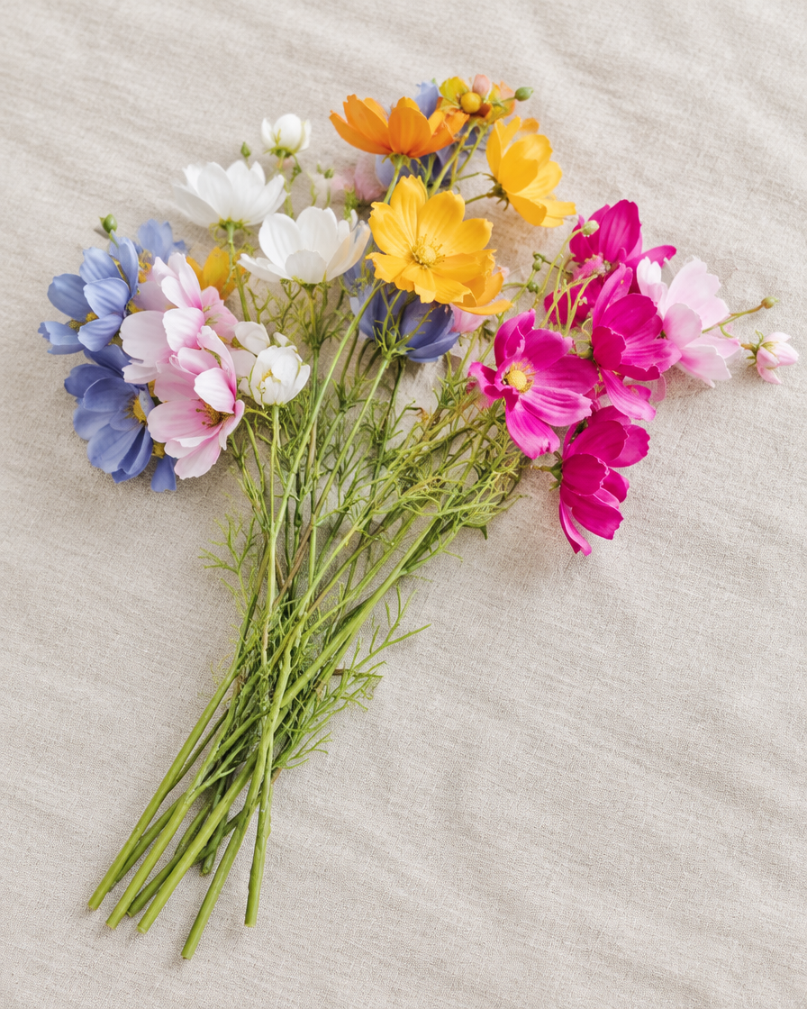 Multicolour Artificial Cosmos Flower Stems, shown alone on a linen background