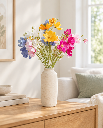 Multicolour Artificial Cosmos Flower Stems styled in a ceramic vase on a console table (vase sold separately)