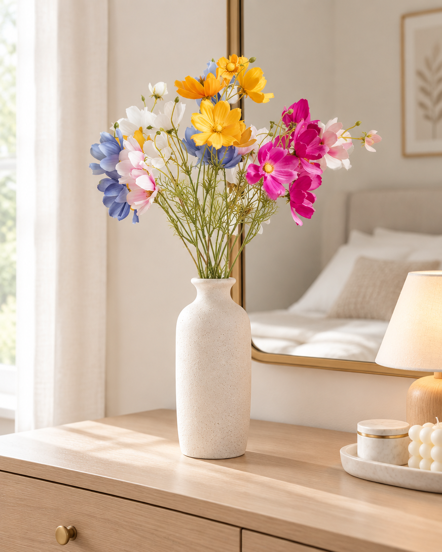 Multicolour Artificial Cosmos Flower Stems styled in a ceramic vase on a dresser (vase sold separately)