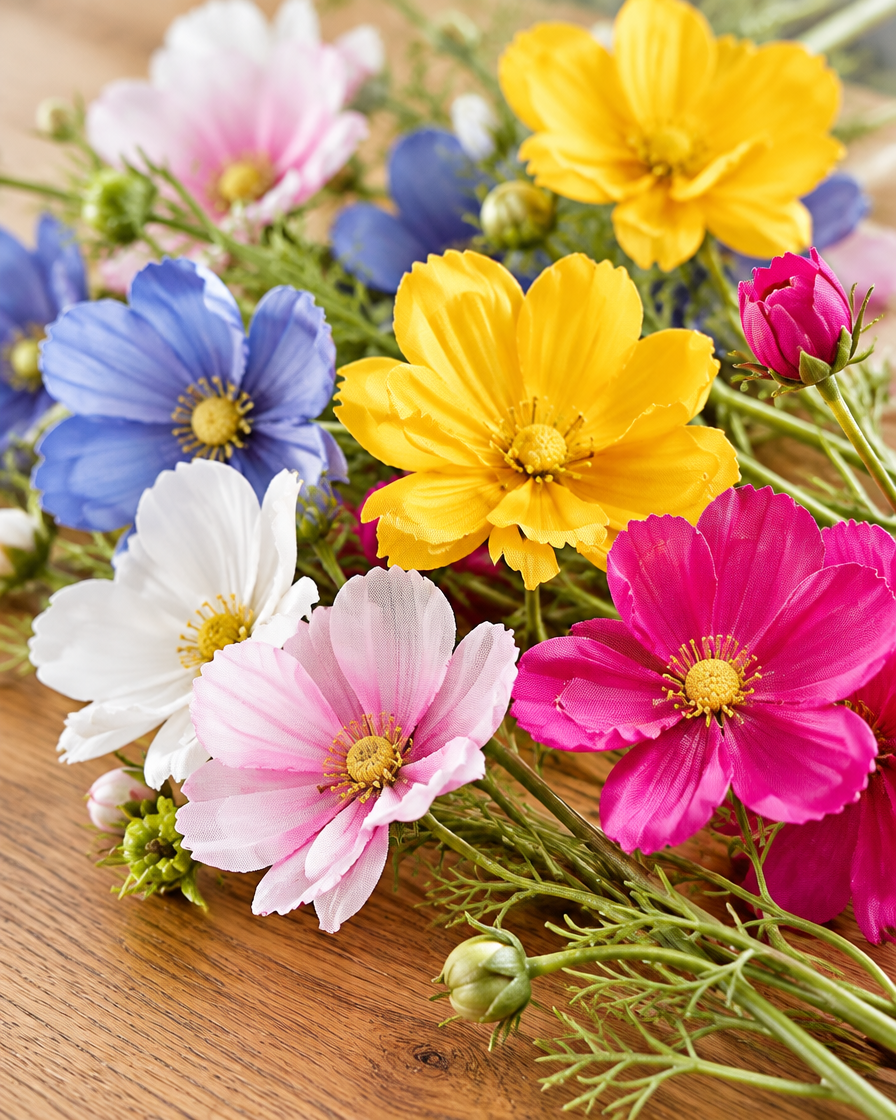 Close-up detail of the multicolour artificial cosmos flower stems on an oak table