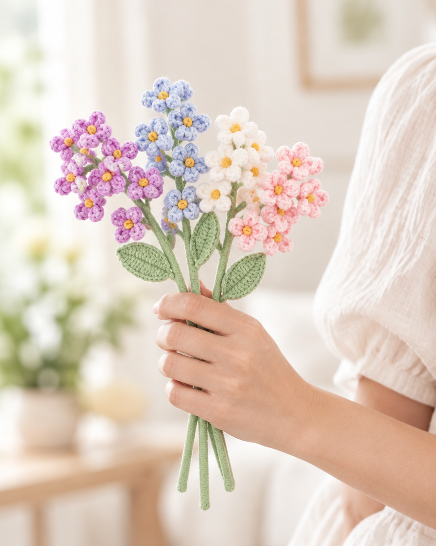 Pastel Mixed Crochet Flower Stems held in a hand
