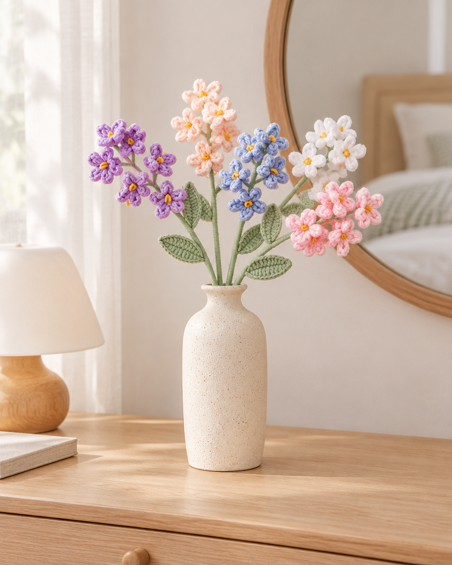 Pastel Mixed Crochet Flower Stems styled in a ceramic vase on a dresser (vase sold separately)