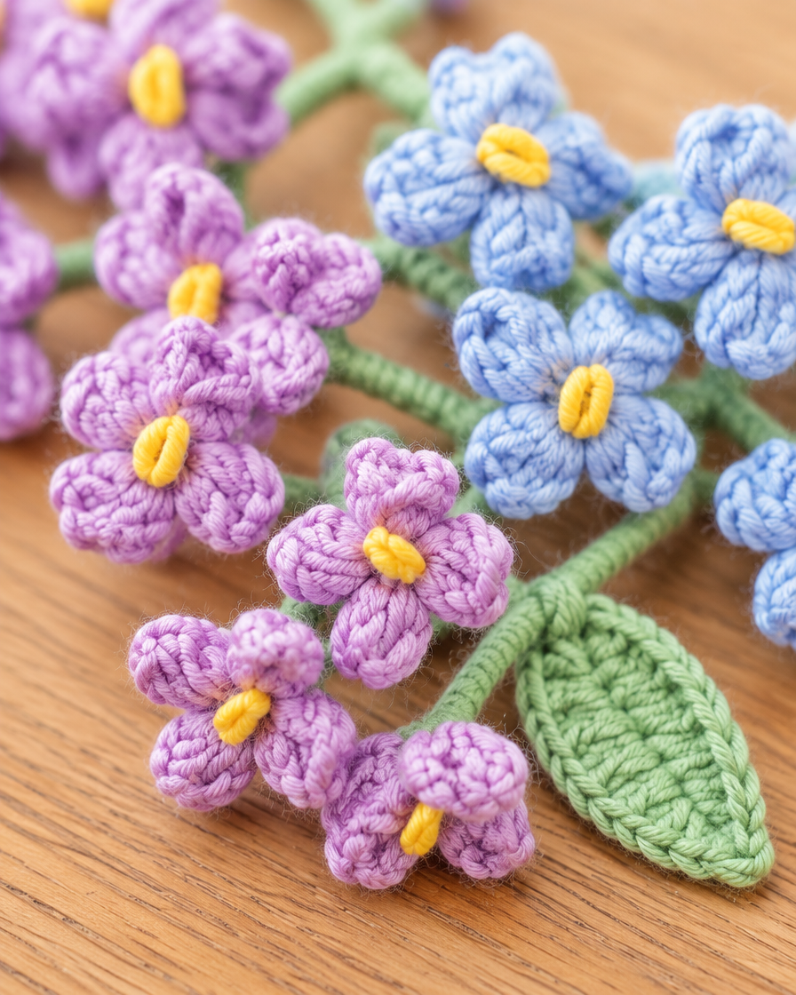 Close-up detail of the pastel mixed crochet flower stems on an oak table
