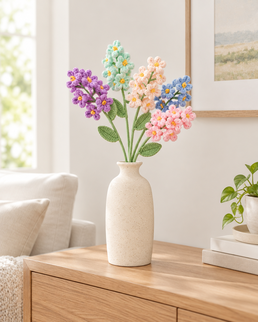 Pastel Mixed Crochet Flower Stems styled in a ceramic vase on a console table (vase sold separately)