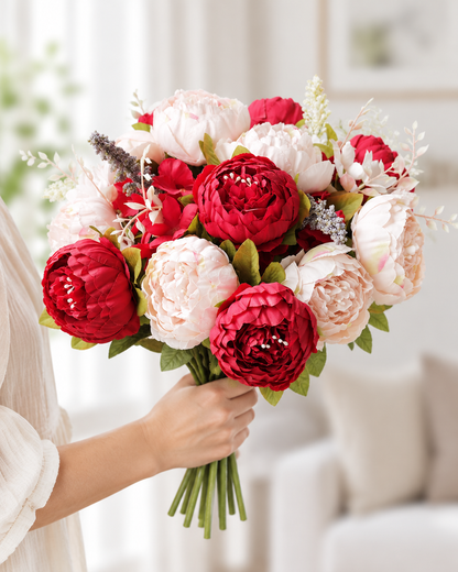 Red & Cream Artificial Peony Bouquet held in a hand