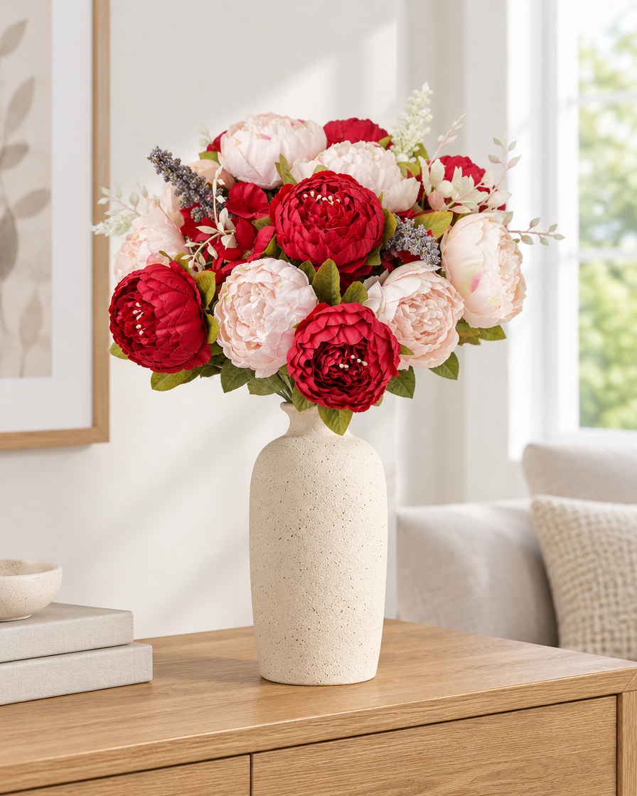 Red & Cream Artificial Peony Bouquet styled in a ceramic vase on a console table (vase sold separately)