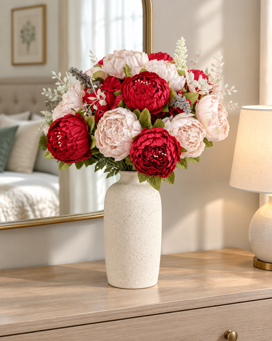Red & Cream Artificial Peony Bouquet styled in a ceramic vase on a dresser (vase sold separately)