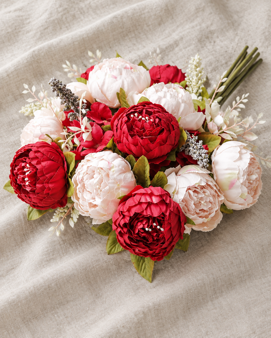 Red & Cream Artificial Peony Bouquet, shown alone on a linen background
