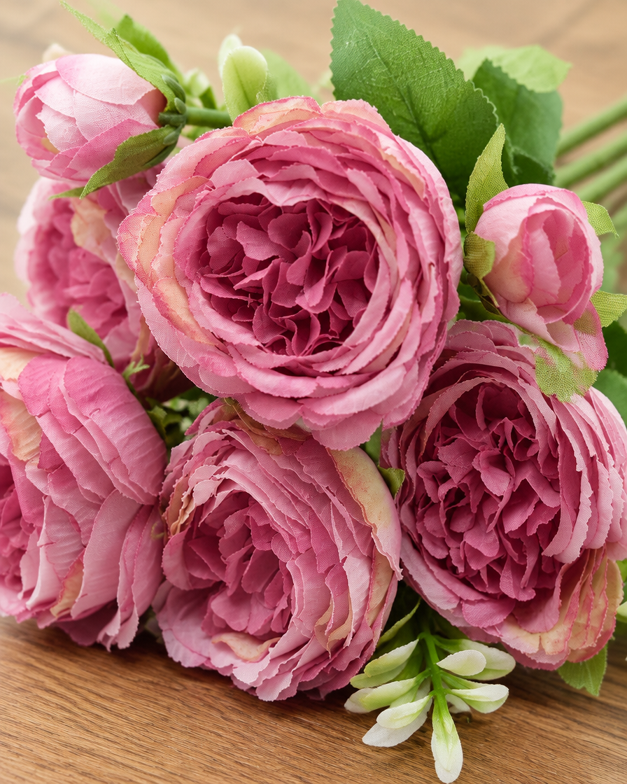 Close-up detail of the dusty pink artificial peony bouquet on an oak table