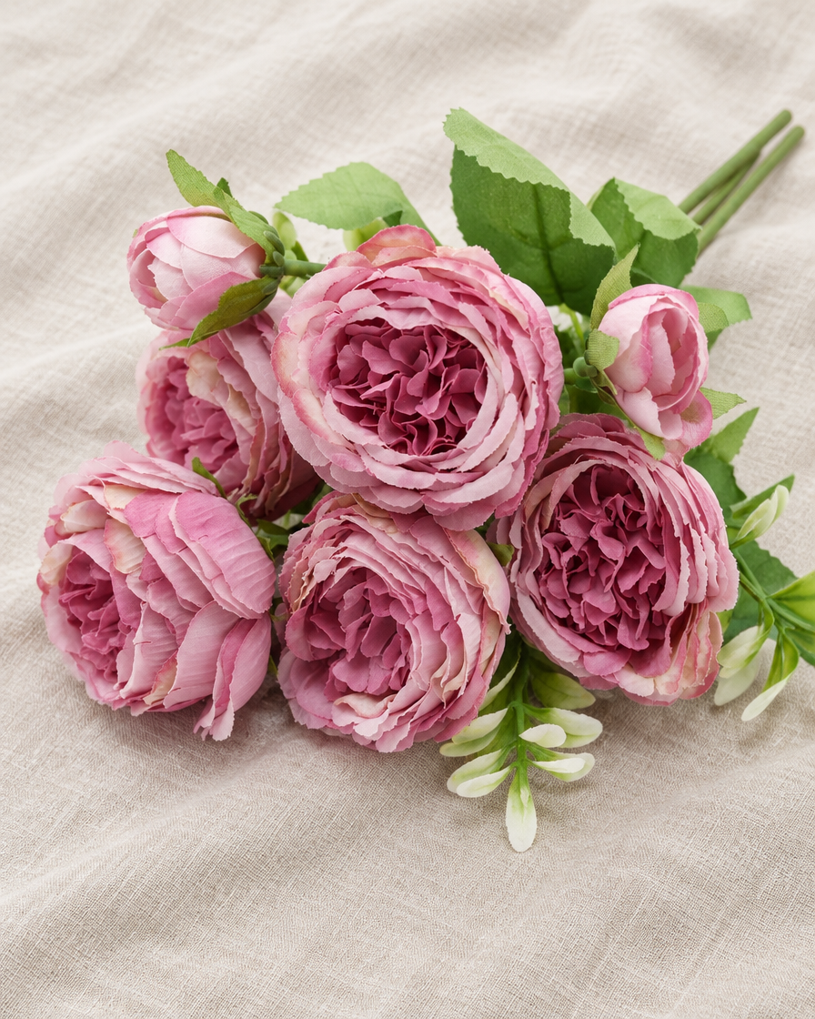 Dusty Pink Artificial Peony Bouquet, shown alone on a linen background