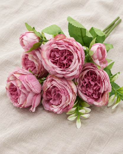 Dusty Pink Artificial Peony Bouquet, shown alone on a linen background