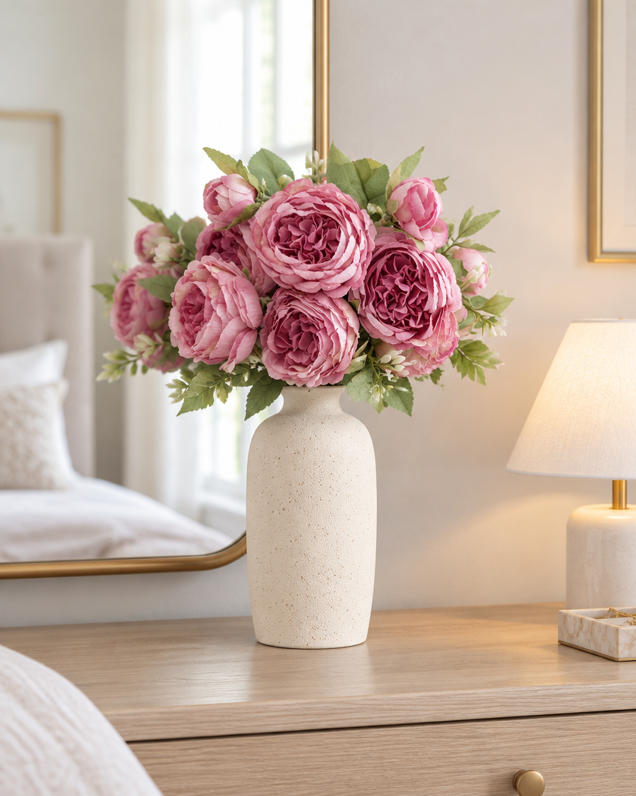 Dusty Pink Artificial Peony Bouquet styled in a ceramic vase on a dresser (vase sold separately)
