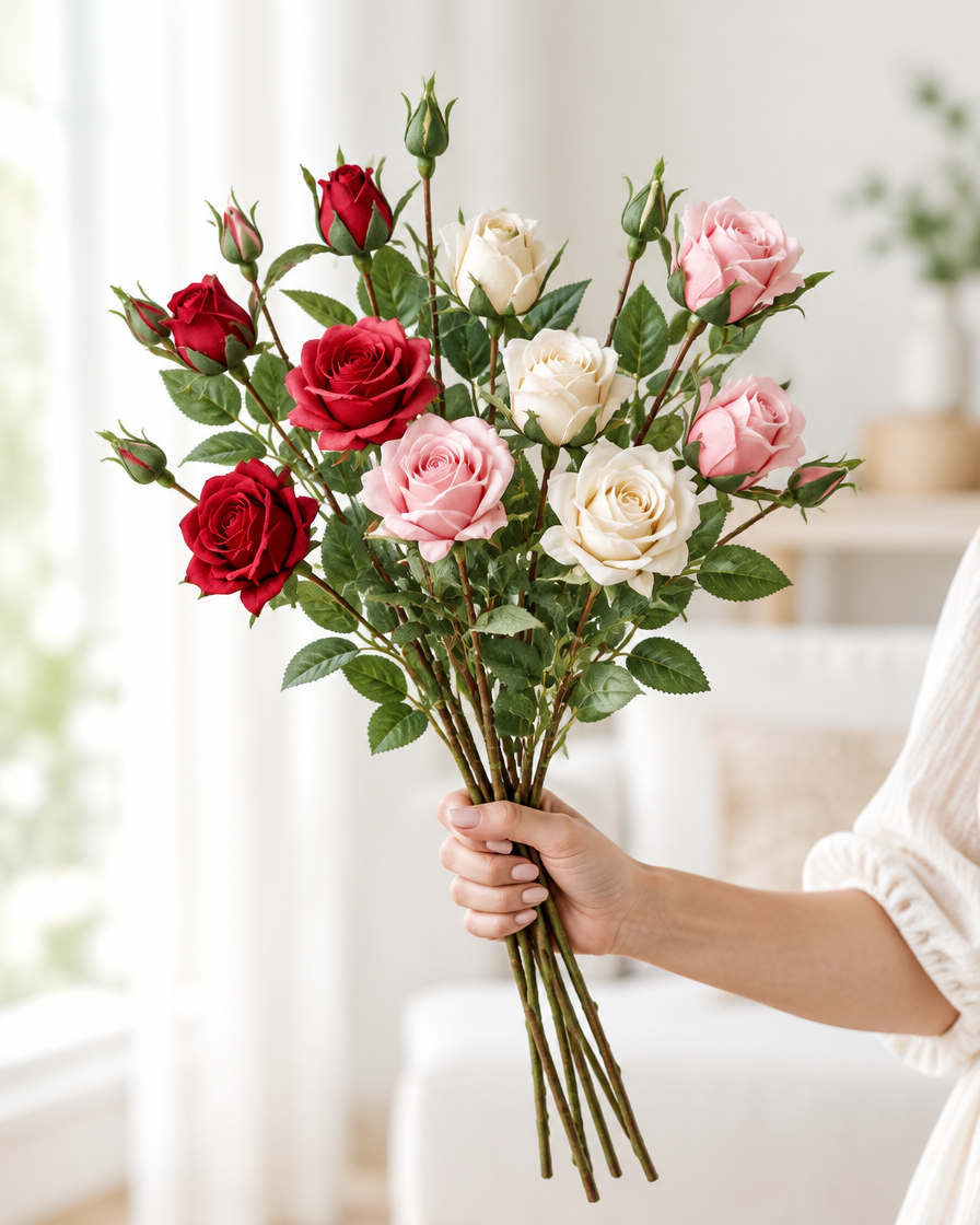 Red Pink and Cream Artificial Rose Branches held in a hand