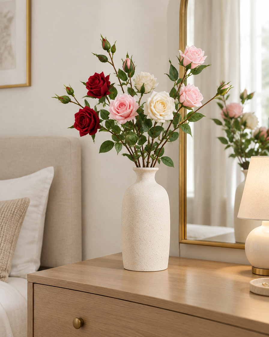 Red Pink and Cream Artificial Rose Branches styled in a ceramic vase on a dresser (vase sold separately)