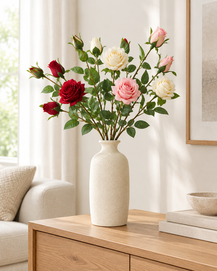 Red Pink and Cream Artificial Rose Branches styled in a ceramic vase on a console table (vase sold separately)