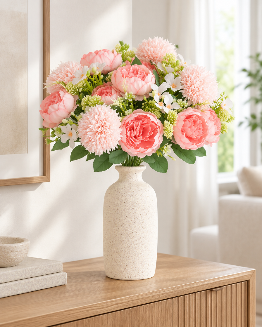 Pink Artificial Peony & Pompom Bouquet styled in a ceramic vase on a console table (vase sold separately)