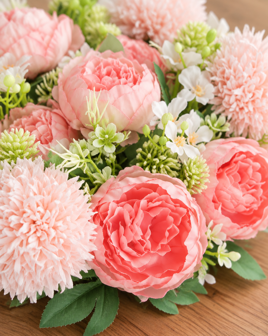 Close-up detail of the pink artificial peony & pompom bouquet on an oak table