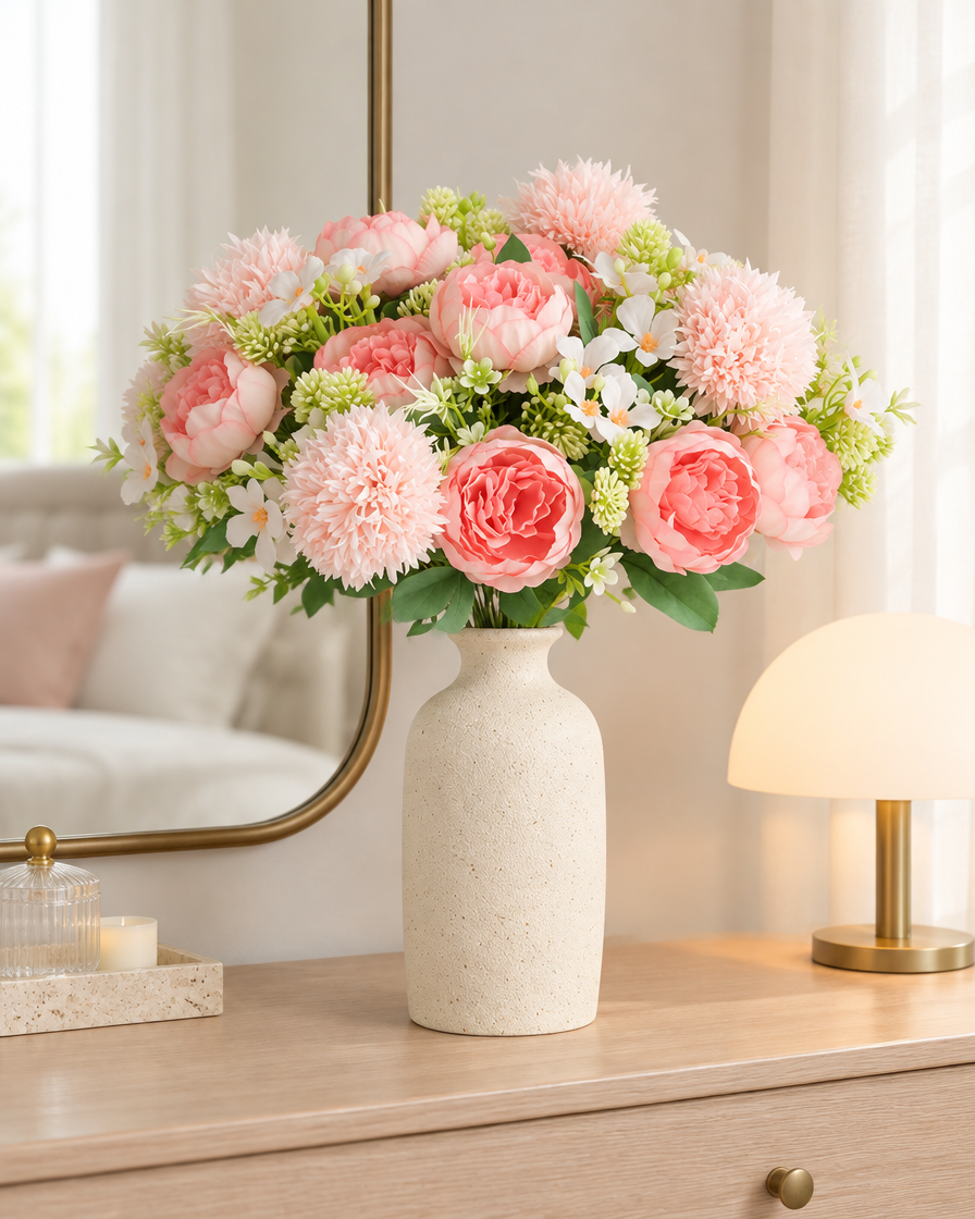 Pink Artificial Peony & Pompom Bouquet styled in a ceramic vase on a dresser (vase sold separately)